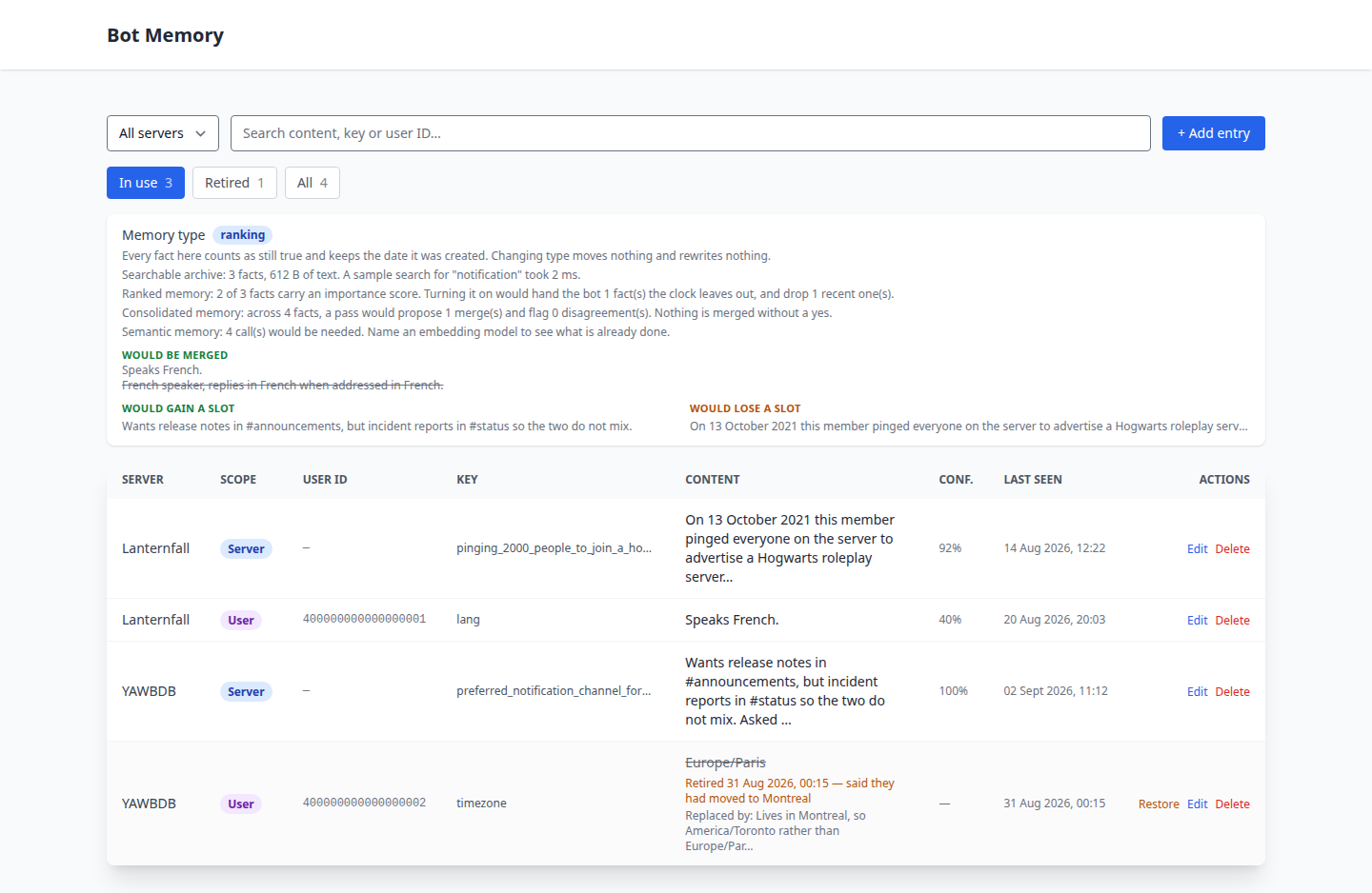 The AI Memory page listing live and retired facts for a server, with a memory type breakdown card above the table