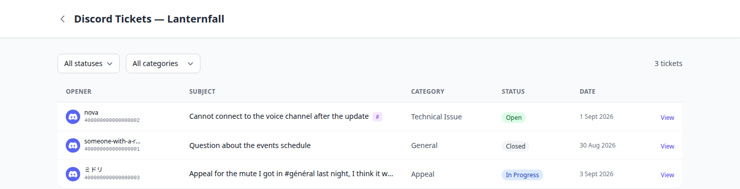The Discord Tickets page listing tickets with their opener, subject, category and status