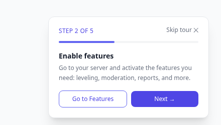 The onboarding guide's floating card, showing step 2 of 5 with a progress bar and a Next button