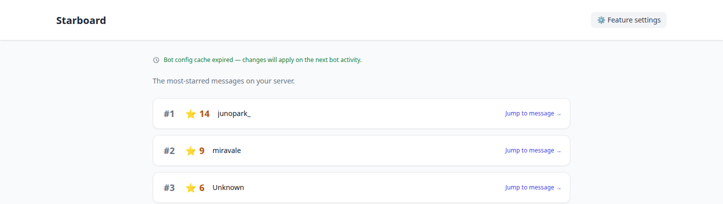 The Starboard page listing starred messages with their star counts and authors