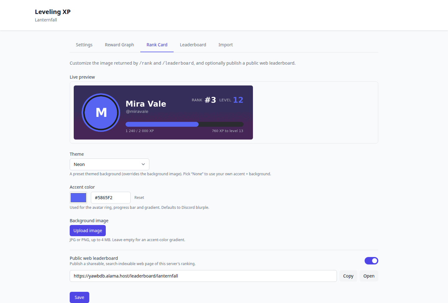 The Rank Card tab of the Levels page: the live preview of the card, theme, accent colour, background image and the public leaderboard switch with its URL