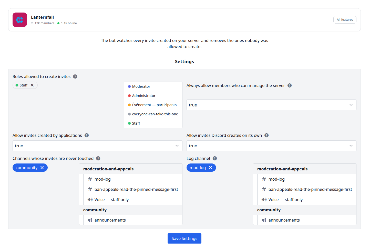 The Invite Guard settings page: roles allowed to create invites, the three automatic allowances, exempt channels and the log channel