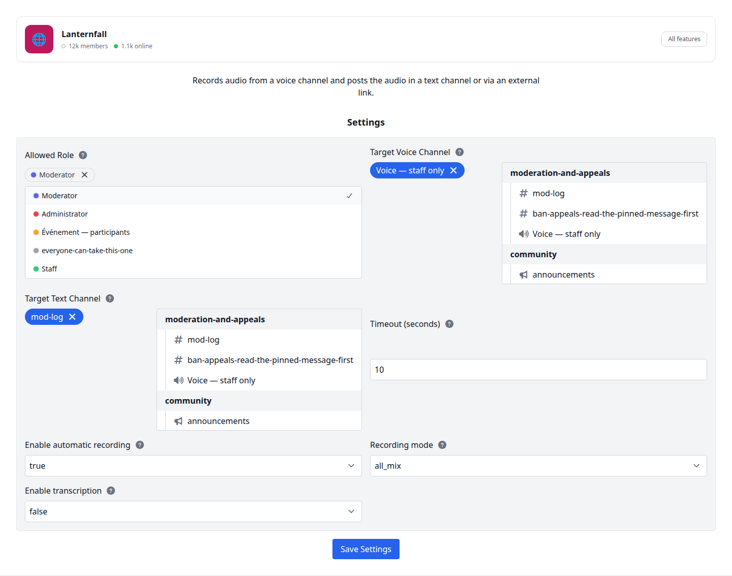 The Audio Recording settings page: allowed role, target voice and text channels, timeout, automatic mode, recording mode and transcription