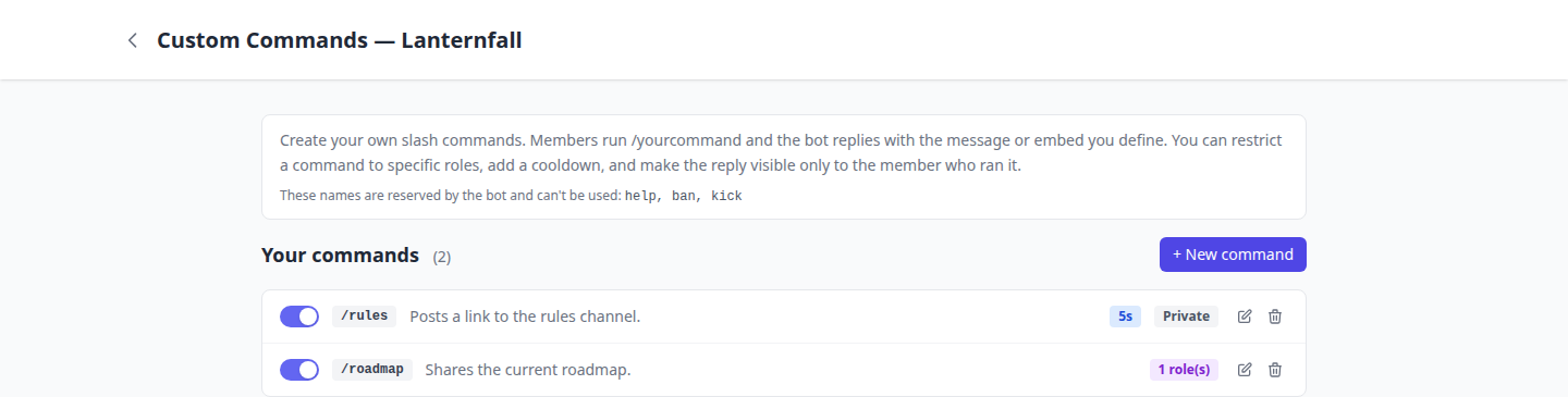 The Custom Commands page with two commands, a text reply and an embed reply, with their cooldown and role restrictions