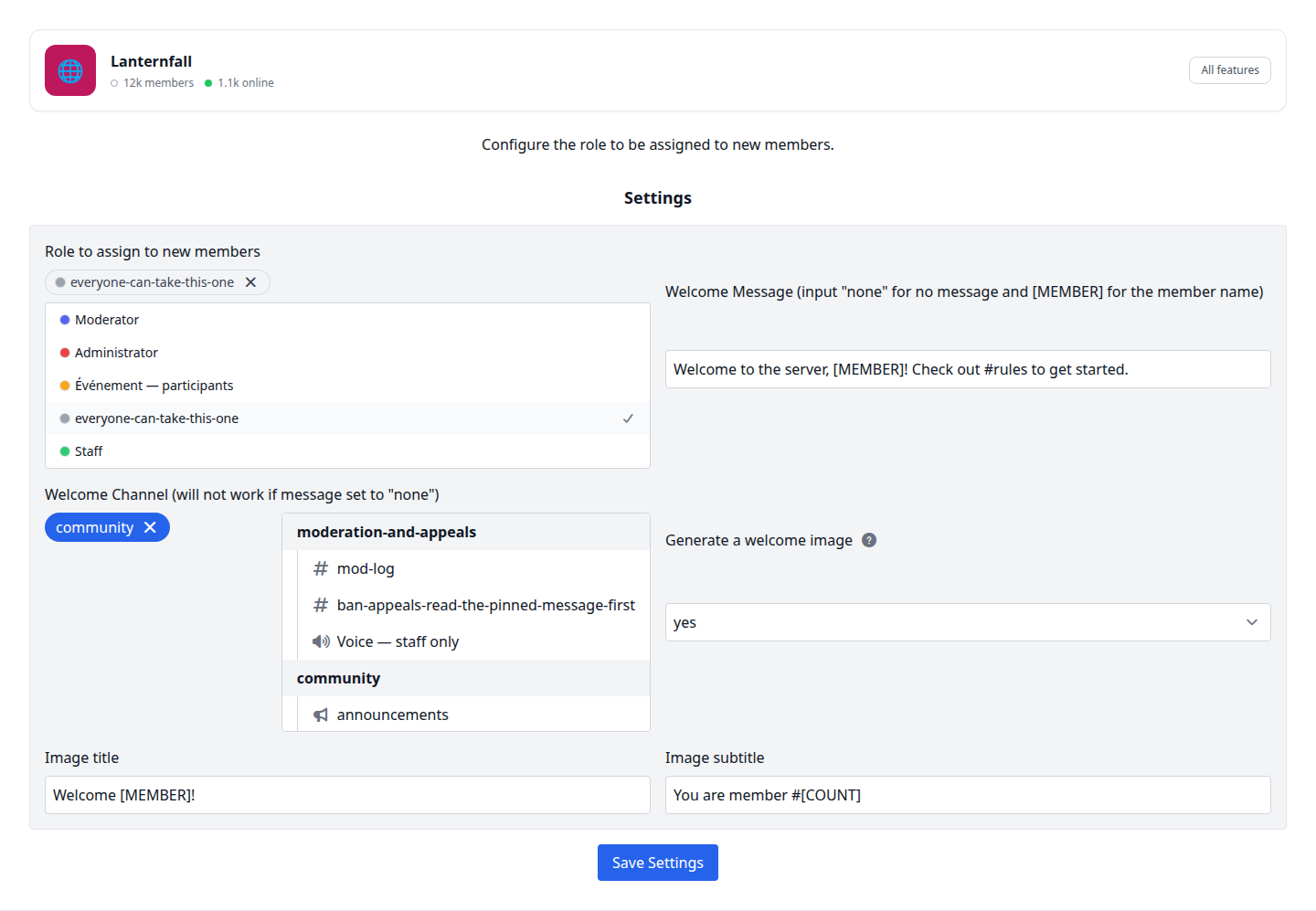 The Auto Join Role settings page: role to assign, welcome message and channel, and the generated welcome image options