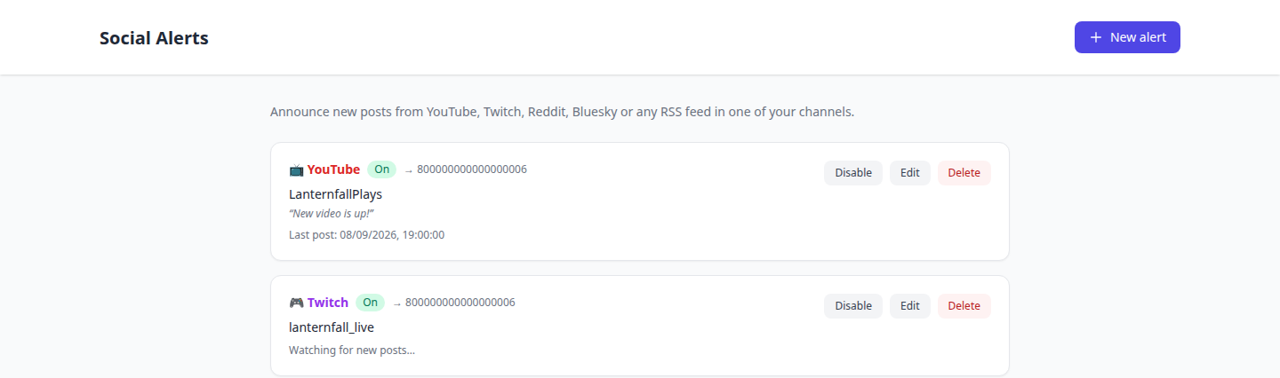 The Social Alerts page with a YouTube alert and a Twitch alert, their channels and last check